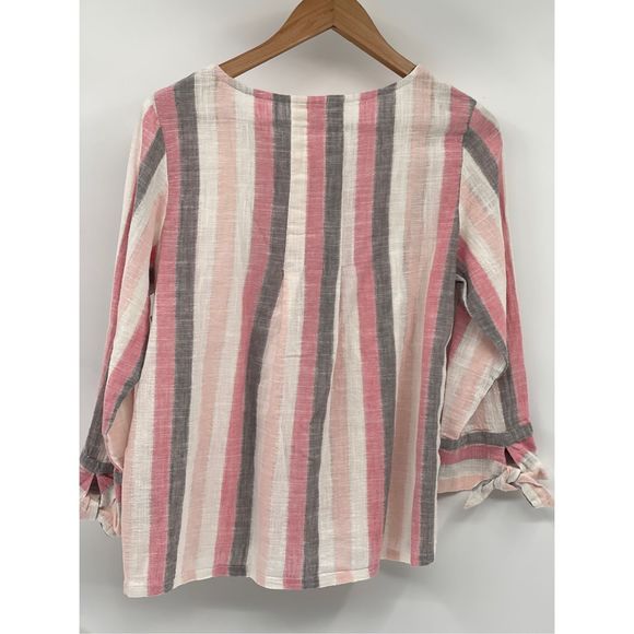 Habitat Linen Short Top Button Up Women XS Pink White Gray Stripe Long Sleeve Ne - Picture 2 of 13